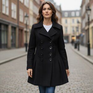 Kensie Double Breasted Wool Blend Pea Coat Sz 10 Black #221A